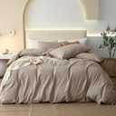 JIYUAN 100% Washed Cotton Duvet Cover Set 3 Pieces Queen, 1 Duvet Cover 90x90 Inches(Comforter Not Included) and 2 Pillowcases,Linen Feel Bedding Set Comfy and Breathable, Heathered Warm Taupe