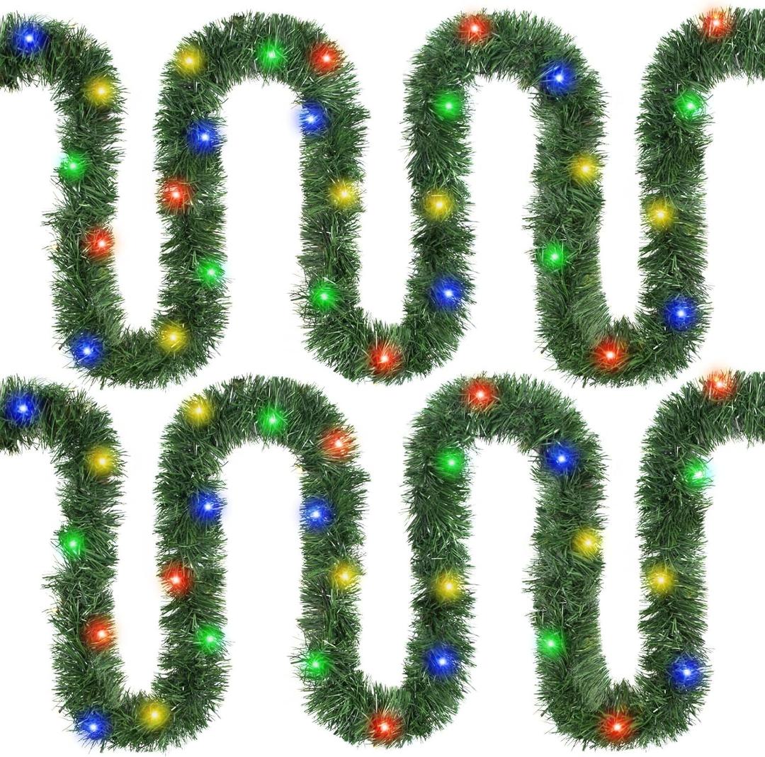 Roberly 2 PCS Prelit Christmas Tinsel Garland with Lights, Total 39.4 Ft 120 Led Lighted Garland Christmas Tree Decorations Twist Hanging Foil Garland for Xmas Party Stairs New Year Decor, Dark-Green