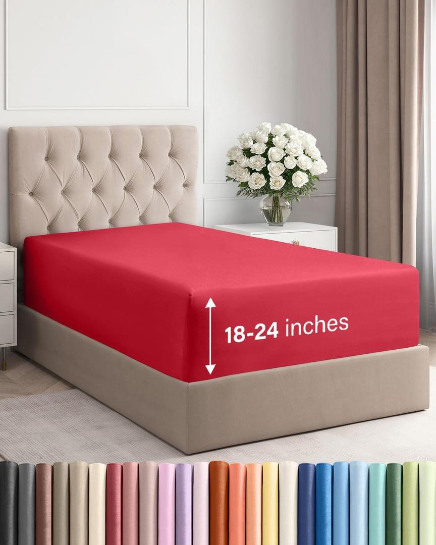 Extra Deep Twin XL Fitted Sheet - Hotel Luxury Single Fitted Sheet Only - Easily Fits 18 inch to 24 inch Mattress - Ultra Soft, Wrinkle Free w/Extra Deep Pockets - Easy-Care, Breathable & Comfy - Red