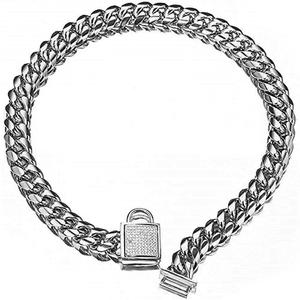 Pet Dog Collar, Top Stainless Steel Dog Chain Training Collar, 14mm Silver Tone Cuban Curb Chain Dog Collar, with White Zirconia Lock Dog Collars(14mm Silver,20inch)