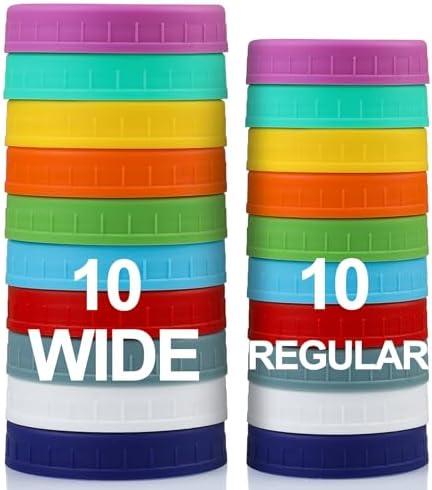 AOZITA 10 WIDE Mouth & 10 REGULAR Mouth Mason Jar Lids - 20 Pack Food Grade Plastic Mason Jar Caps for Ball, Kerr and More Canning Jars - Leakproof & Dishwasher Safe - Multicolor