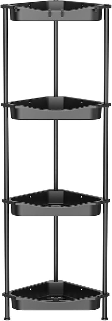 HuggieGems 4 Tier Floor Standing Corner Shower Caddy Organizer Shelf with Hooks, Bathroom Shelves Stand Rack, Jet Black