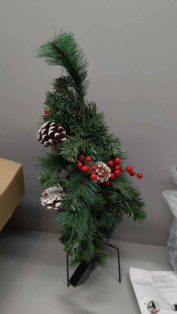 Christmas Tree 30 inch Prelit 3 Set Pathway Porch Christmas Trees Pre-Light LED Battery Operated Outdoor Xmas Decor for Entrance Driveway, Yard, Garden, Red Berries, Pine Cones