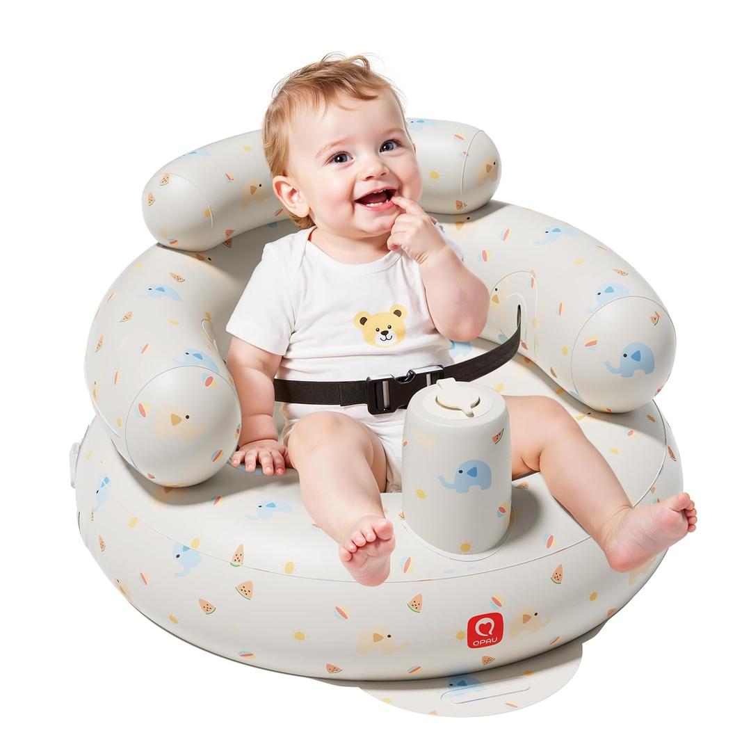 QPAU Inflatable Baby Seat with Safety Harness for Babies 3 Months & Up, Baby Floor Seats for Sitting Up, Baby Seats for Infants, Blow Up Baby Chair with Built in Air Pump (Elephant)