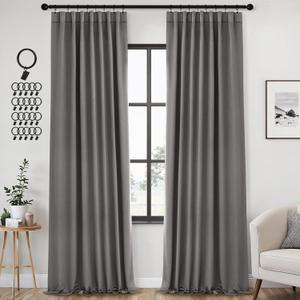 ANRODUO Rod Pocket and Back Tab Pleated Blackout Curtains with Hooks, Rings, Grey Curtains 96 Inches Long 2 Panels, Thermal Insulated Room Darkening Living Room Bedroom Curtain, 42x96 Inches