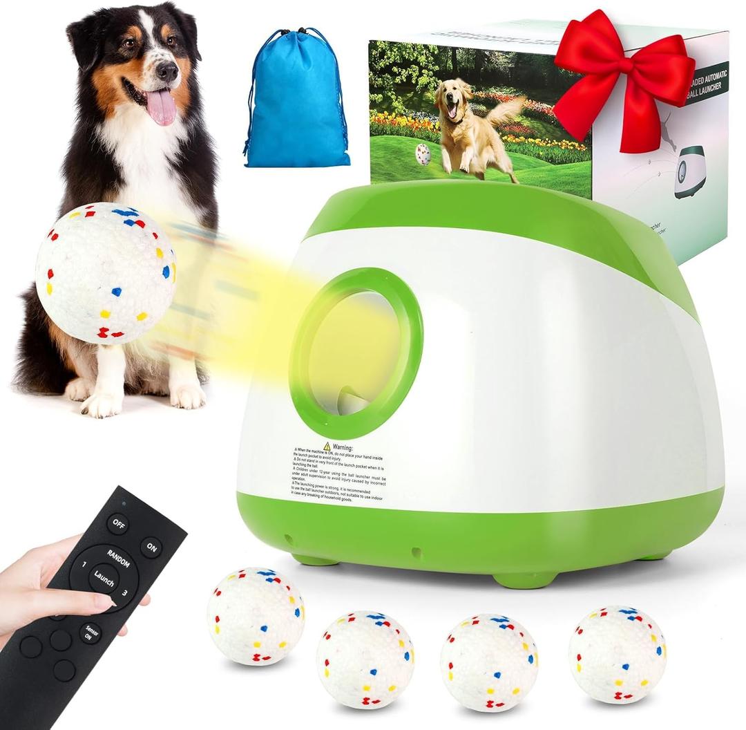 Automatic Ball Launcher for Dogs, Dog Ball Thrower Launcher 3 Adjustable Distances (40t/60ft/80ft), Rechargeable Automatic Dog Balls Launchers with 4 Balls (2.5") (Green)