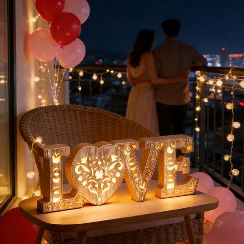 Vintage Rustic Valentines Day Wooden Love Letter Table Centerpiece Glowing Block Sign Valentine Party Table Tiered Tray Decor Romantic Tabletop Lighted for Marriage Wedding Honeymoon broken