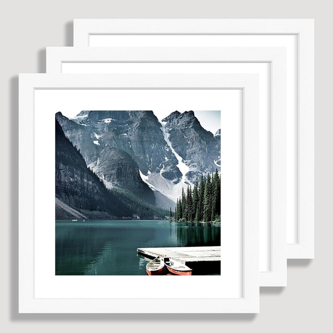 10x10 White Picture Frames set of 3, Made of Wooden and Real Glass Square Photo frame - Displays 8x8 Picture With Mat or 10 x 10 Without Mat, Desktop & Wall Collage Frame set