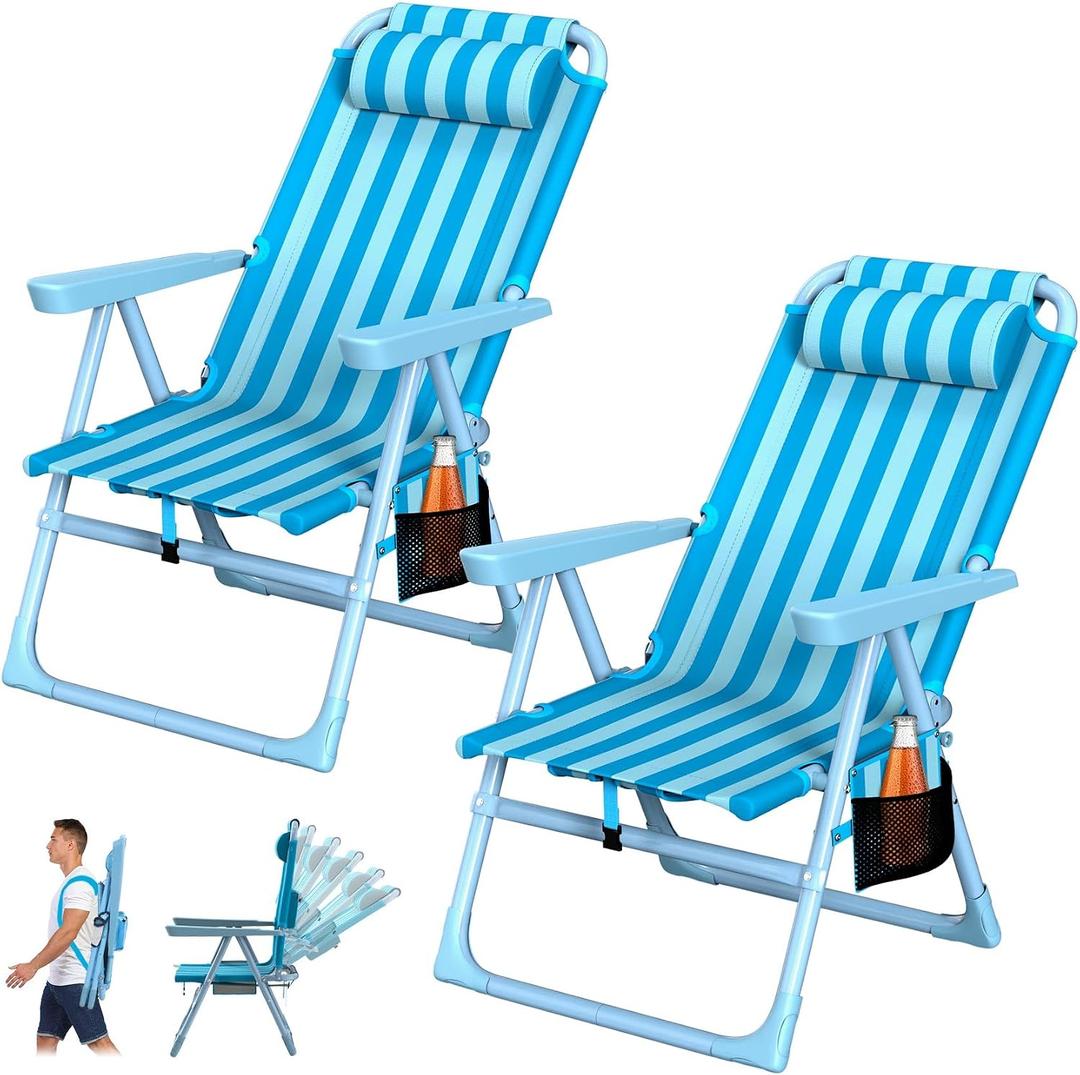 Suteck Backpack Beach Chair, 6-Positions Beach Chairs for Adults with Cooler Bag, Reclining Beach Chair with Cup Holder Folding Camping Chair for Sand Outdoor