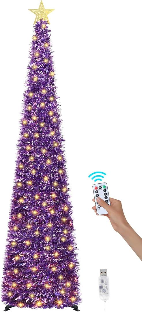 6 FT Pop Up Christmas Tree with 100 LED Timer Lights & Remote, Purple Collapsible Christmas Tinsel Tree Artificial Pencil Tree Xmas Decoration for Holiday Home Office Party, USB Powered