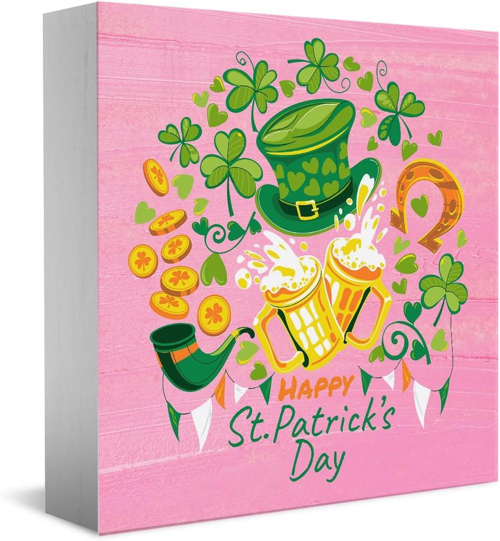 Happy St. Patricks Day Wooden Box Sign, Spring Decor, Country Style Lucky Clover Green Top Hat, Beer Mug, Horseshoe, Gold Coin Pattern Desk Decorate, Home Desk Office Decor 5 x 5 Inches