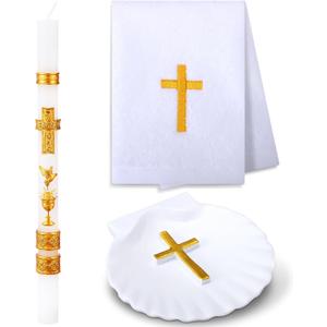 Lyrow 3 Pcs Baptism Candle Set for Boys and Girls Baptism Kit Include Baptismal Candle, Towel, Shell for Kids Christenings Favor(Chalice Dove Candles,Gold)