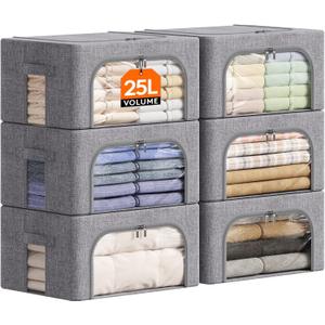 Lifewit Clothes Storage Bins with Metal Frame, Stackable Storage Box, Foldable Clothing Storage Bins with Lids, 25L Storage Bags Fabric Box Organizer with Clear Window Zippers Sturdy Handles 6 Pack