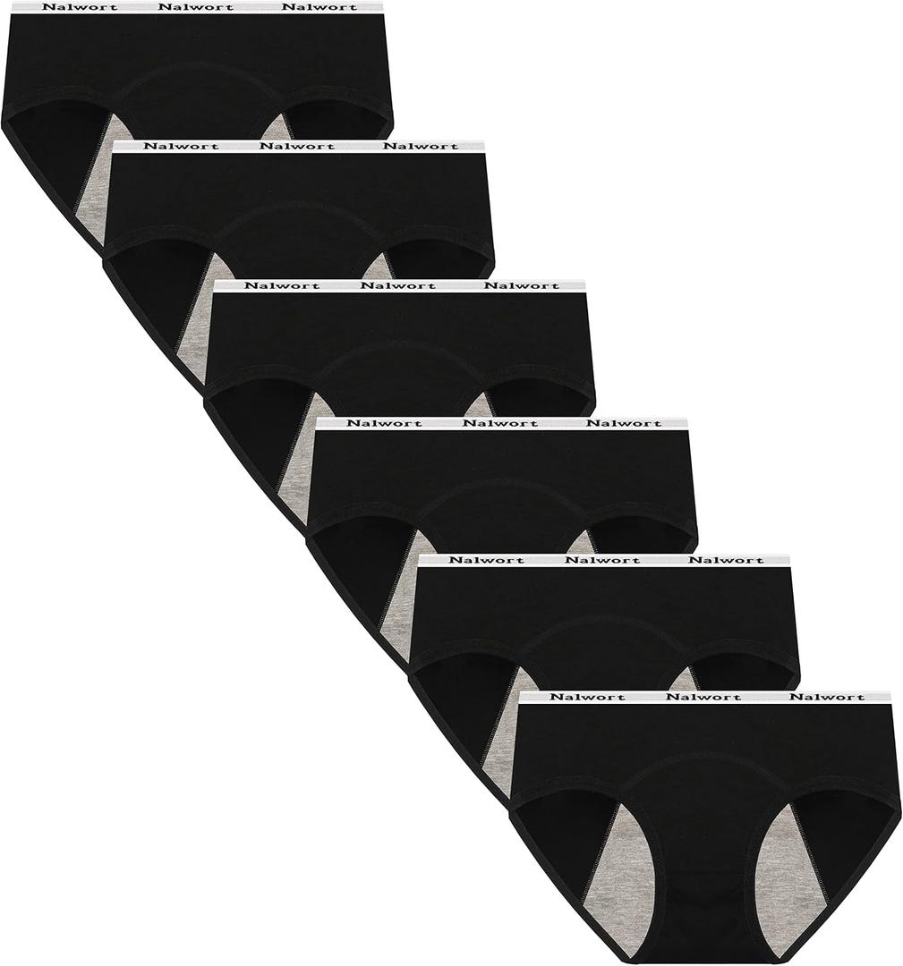 Nalwort Teen Girls Period Underwear Menstrual Period Panties Leak-Proof Cotton Protective Briefs Pack of 6 (Black, L)