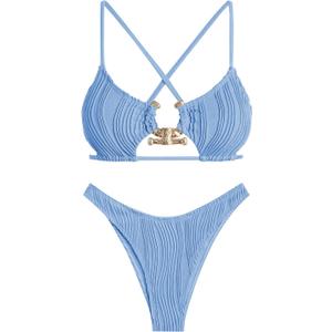 ZAFUL Women's Sexy Cutout Bikini Set High Cut Textured Metal Ring Cheeky Swimsuit Two Piece Bathing Suit (Blue, L)