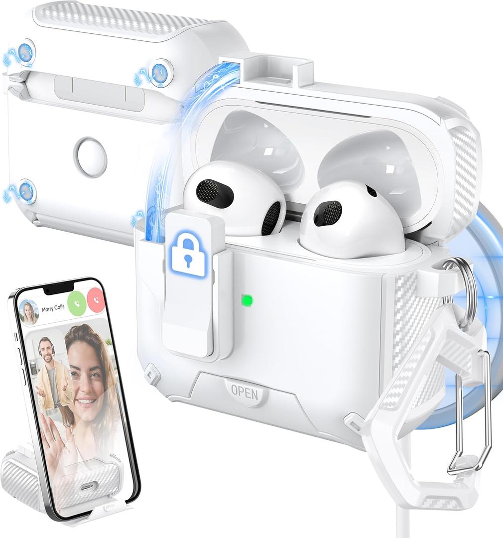 for AirPods 3rd Generation Case Cover, Compatible with Magsafe, Magnetic Automatic Lock, Charging Port Dust-Proof & Stand Design with Cleaning Kit, White