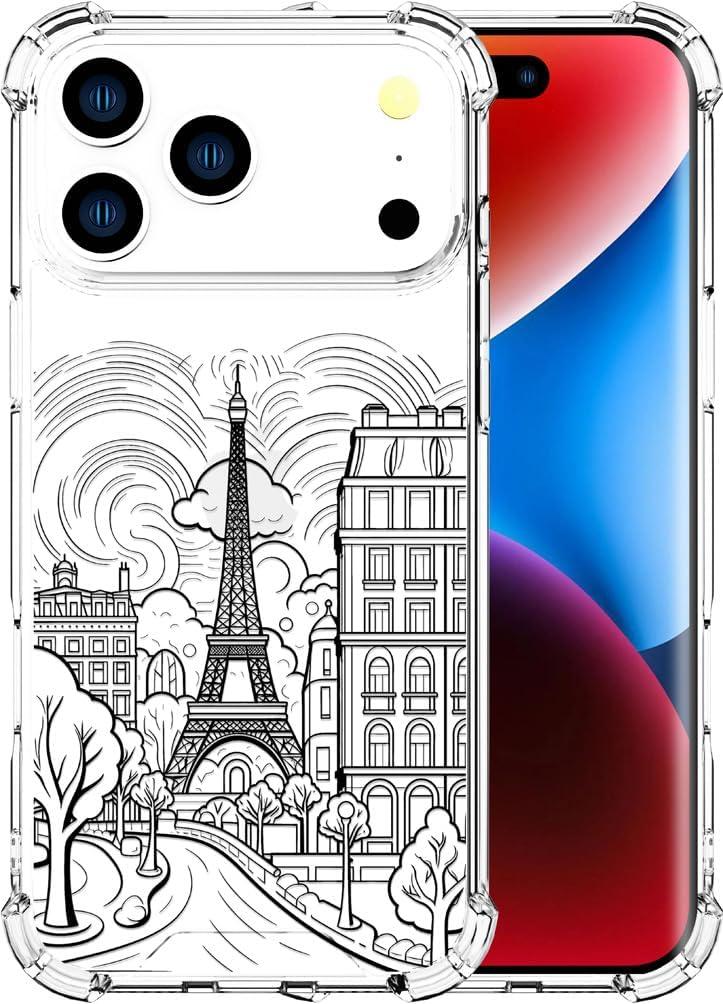 Compatible for iPhone 17 Pro Cases with Design, Cute Transparent Designer Phone Case for Women Girls Girly with Heavy Duty Protective Bumper (Clear Paris City Eiffel Tower)