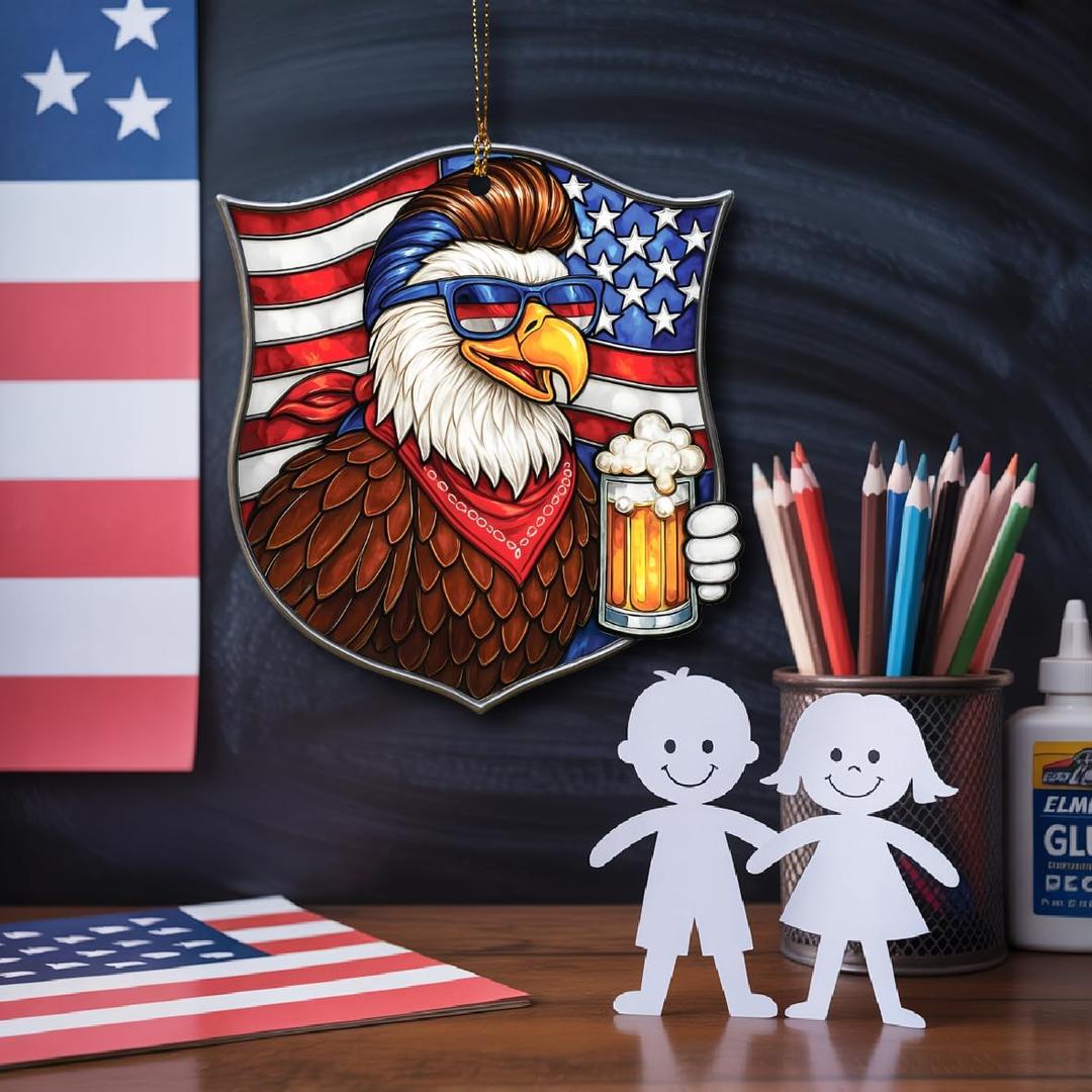 Funny 4th of July Independence Day Decoration, Patriotic American Eagle Beer Acrylic Ornament, 4-Inch, Gifts for Men, Man Cave Decor, Memorial Day, Summer Party Hanging Ornament