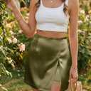 Cicy Bell Womens Satin Mini Skirt Casual High Waisted Side Slit A-line Work Skirts with Shorts (Green, L)