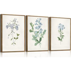 SongZest 3 Piece Blue Floral Framed Wall Art Boho Botanical Canvas Art Prints Vintage Flower Pictures Wall Decor Minimalist Rustic Paintings Artwork for Living Room Bedroom Bathroom 16x24in