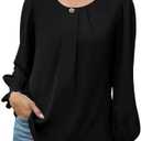 Funlingo Womens Tops Dressy Casual Smocked Long Sleeve Shirts Pleated Crew Neck Loose Chiffon Blouses Fall 2025, Size M