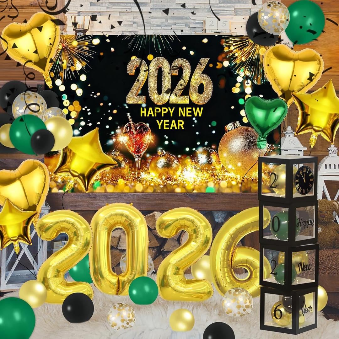 2026 Novel Happy New Year Eve Party Decorations Set with Happy New Year Backdrop, Black and Gold Confetti Balloons, Clear Balloon Box, Gold Party Confetti Pack & Heart Star 2026 Number Foil Balloons