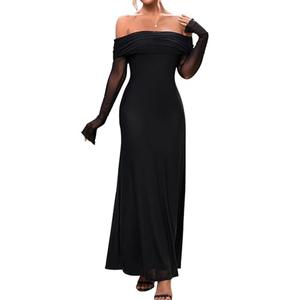 KUTUMAI Women Off Shoulder Bodycon Maxi Dress Long Sleeve Mesh Ruched Party Formal Wedding Guest Dresses Black L