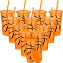 Domensi 12 Pcs Orange Basketball Sport Ball Plastic Tumbler with Lid and Straw 24oz Reusable Plastic Cups Gifts for Fan Friend Birthday Sport Party Gifts Supplies