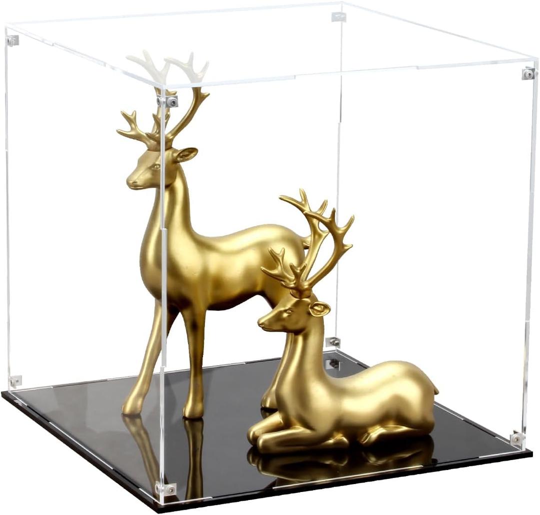 12 Inch Clear Acrylic Case for Display, Cube Clear Display Acrylic Box for Collectibles, Alternative Glass Case with Black Base for Display Figures Home Storage Organizing Toys Arts Showcase