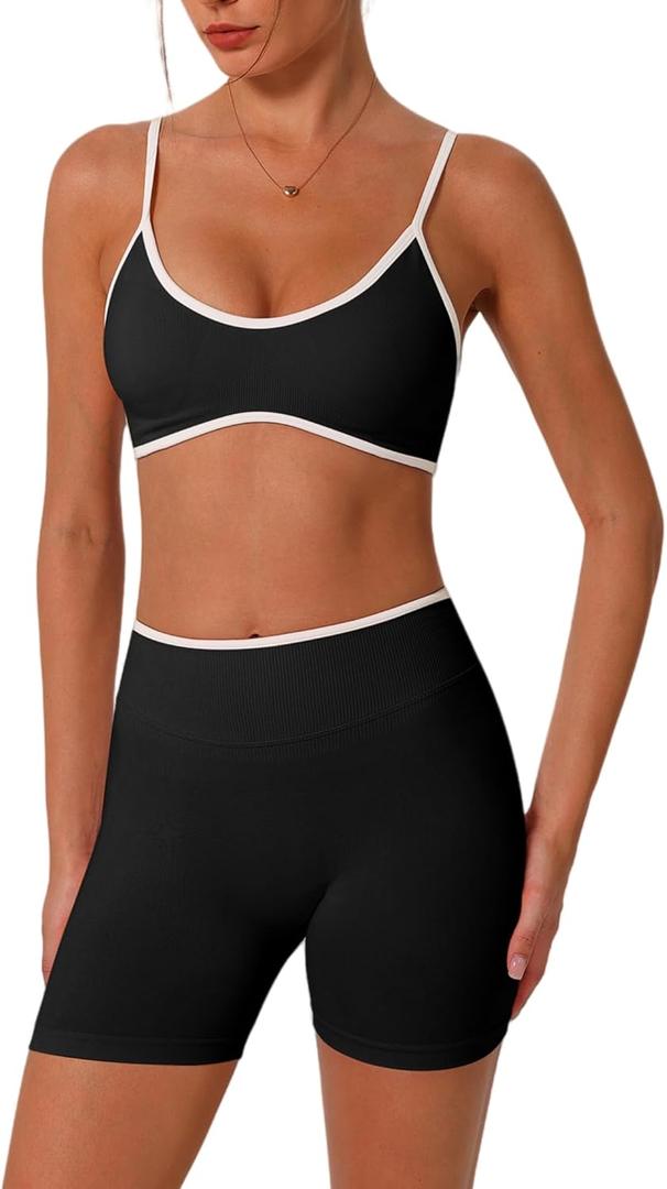 ABOCIW Workout Sets for Women Color Block Sports Bra Hidden Scrunch High Waist Biker Shorts 2 Piece Gym Yoga Outfits (Small, Black)