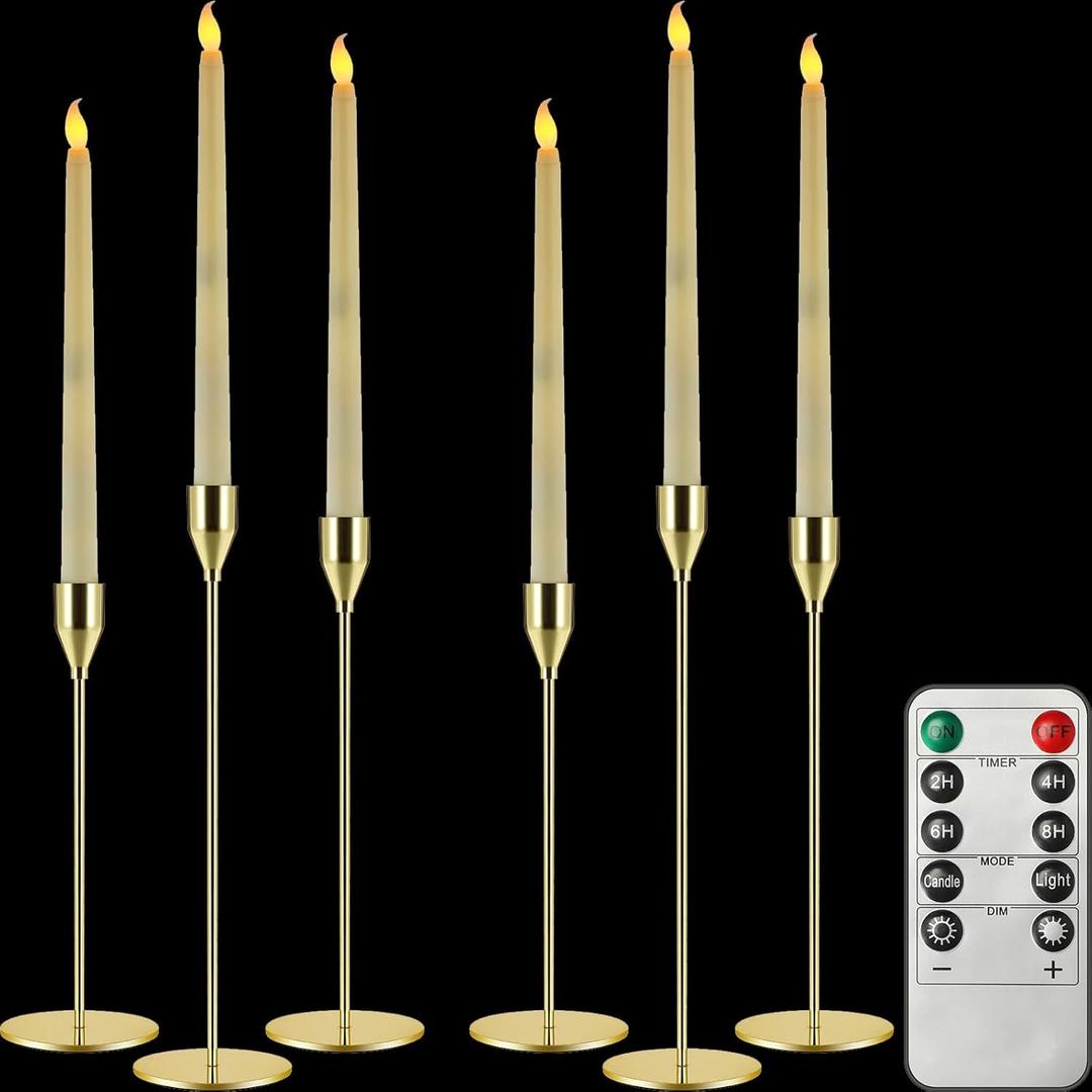 Baquler Set of 6 Flameless Taper Candles and Candlestick Holder with Remote and Timer LED Candlesticks Decoration for Dining Table Fireplace Party Home Wedding Anniversary(Gold)