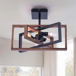 Industrial Rectangle Flush Mount Ceiling Light,Rotatable Metal Frame,Rustic Retro Vintage Farmhouse Light Fixture for Dining Living Room Bedroom Passway Kitchen Hallway Entryway,Faux-Wood Color Finish