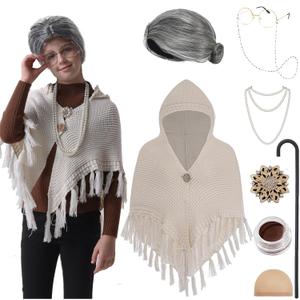 EBYTOP Old Lady Costume for Kids 100 Days of School Costume for Girls 100th Day Grandma Dress Up,Set2