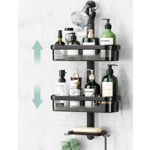 LAMU Adjustable Shower Caddy Hanging, Rust-Proof Hanging Organizer, 3-Tier Aluminum Alloy + ABS, Over-the-Showerhead with Hooks, Razor Holder, Soap Dish, Black