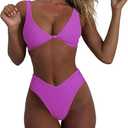 geluboao Bikini Set for Women Solid V Neck Knot Front Push Up High Leg Thong Two Piece Swimsuit (Medium, Purple)