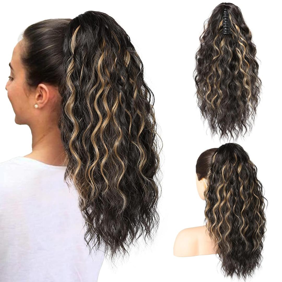 SEIKEA 18" Long Claw Highlight Ponytail Extension, PT002 Tia Multi Layered Wavy Fluffy Thick Jaw Clip in Hair Extensions Ponytail Soft Natural Synthetic Hairpiece Dark Brown Natural Blonde Highlights