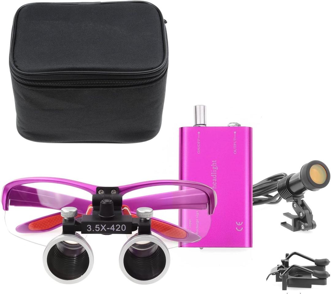 3.5X 420mm Working Distance Optical Glass Surgical Binocular Loupes and 5W Spotlight LED Head Light Lamp with Filter with Two Type Clips Cloth Bag Style(Purple)