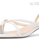 Usikall Womens Low Kitten Heel Square Toe Sandals Ankle Strap Buckle Casual Basic Classic 1.4 Inches Heels (9, White)