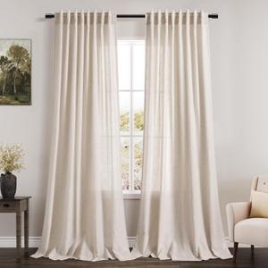 Beige Linen Semi Sheer Curtains 84 Inch Length 2 Panels Set Back Tab Rod Pocket Flax Linen Cotton Textured Curtains for Living Room Dining Room Natural Light Filtering Window Curtain Drapes 60x84