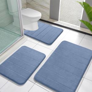 Yimobra Memory Foam Bath Mat Set 3 Pieces- Super Soft Absorbent Quick Dry Bathroom Rug Sets, Machine Washable Non Slip Floor Carpet for Tub Shower, Vanity & Toilet Base, Denim Blue (31.5''x20'' +17''x24'' + 24''x20'')