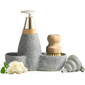 Hand Soap Dispenser for Kitchen Ceramic Soap Dispenser Set Refillable Bathroom Dish Soap Bottle with Brush for Shower Gel, Hand Soap, Shampoo, Gray
