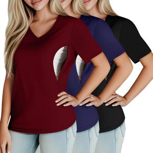 Huukeay 3 Pack Women's Maternity Nursing Tops, Hidden Zippers Breastfeeding Clothes V Neck Short Sleeve Pregnancy Shirts Tees(Black,Navy Blue,Burgundy,Medium) (M)