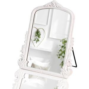 HSDDHOME 11.8" x 9.6" Small White Arched Vanity Mirror, Vintage Makeup Mirror Baroque Style Arendahl Carved Mirror with Frame for Desk Decorative Table Aesthetic for Dresser, Bedroom, Living-Room