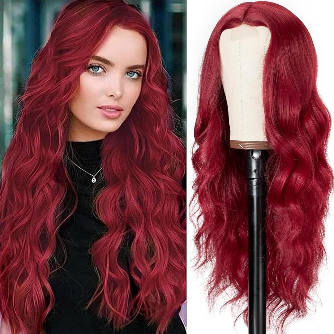 MYQUEEN Red Wig 26 Inch Long Wavy Wig for Women Synthetic Lace Front Wig Curly Wavy Natural Looking Middle Part Glue less Wig for Daily Party Halloween Cosplay Use