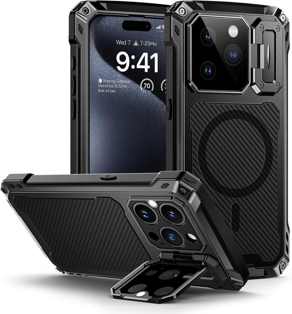 Lanhiem for iPhone 15 Pro Metal Case, [Built-in Camera Kickstand & Glass Screen Protector] Protective Heavy Duty Full Body Military Rugged Shockproof Magnetic Cover for iPhone 15 Pro 6.1" (Black)