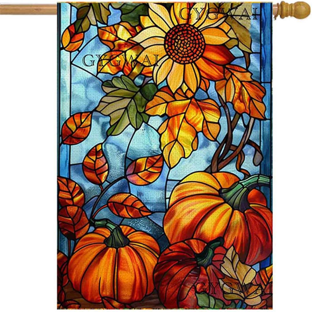 Fall Pumpkin House Flag for Outside 28x40 Inch Double Sided, Autumn Yard Flag Stained Glass Thanksgiving Garden Flag for Outside Farmhouse Holiday Decorations