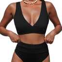 Hilinker Women's Leopard Bikini Swimsuits V Neck High Waisted 2 Piece Bathing Suits (All Black) Small
