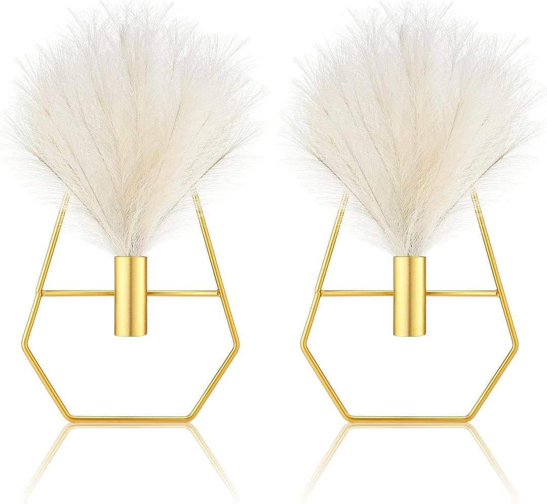 Peryiter 2 Pcs Boho Wall Decor Metal Gold Wall Art Hanging Planters with Artificial Pampas Modern Home Decor Display Art for Living Room Bedroom Bathroom(Vase)