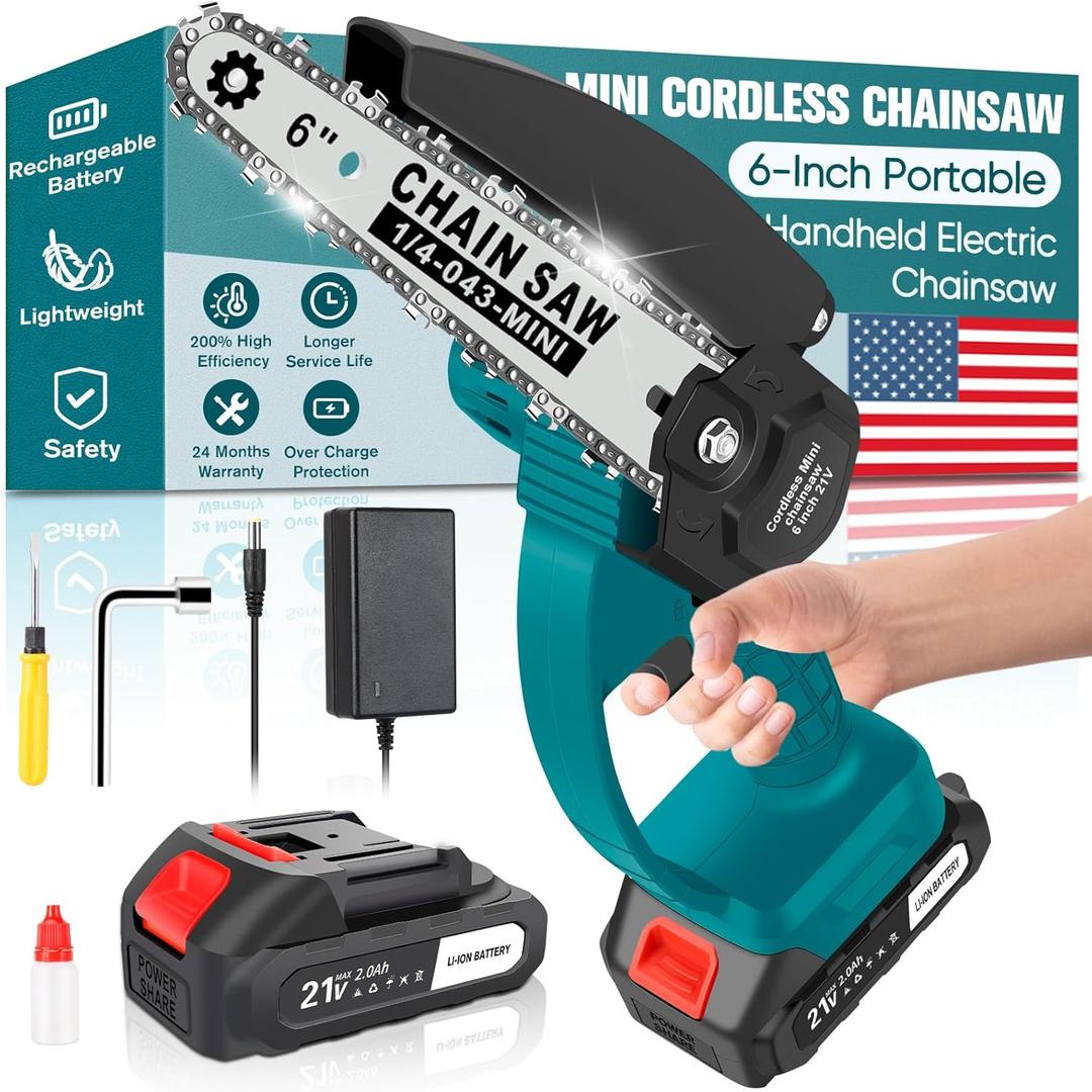6-Inch Mini Cordless Chainsaw, Battery Powered Hand Held Electric Saw, High Speed Portable Saw for Tree Trimming, Branch Pruning, Wood & Soft Metal Cutting, Automatic Lubrication and Safety Protection