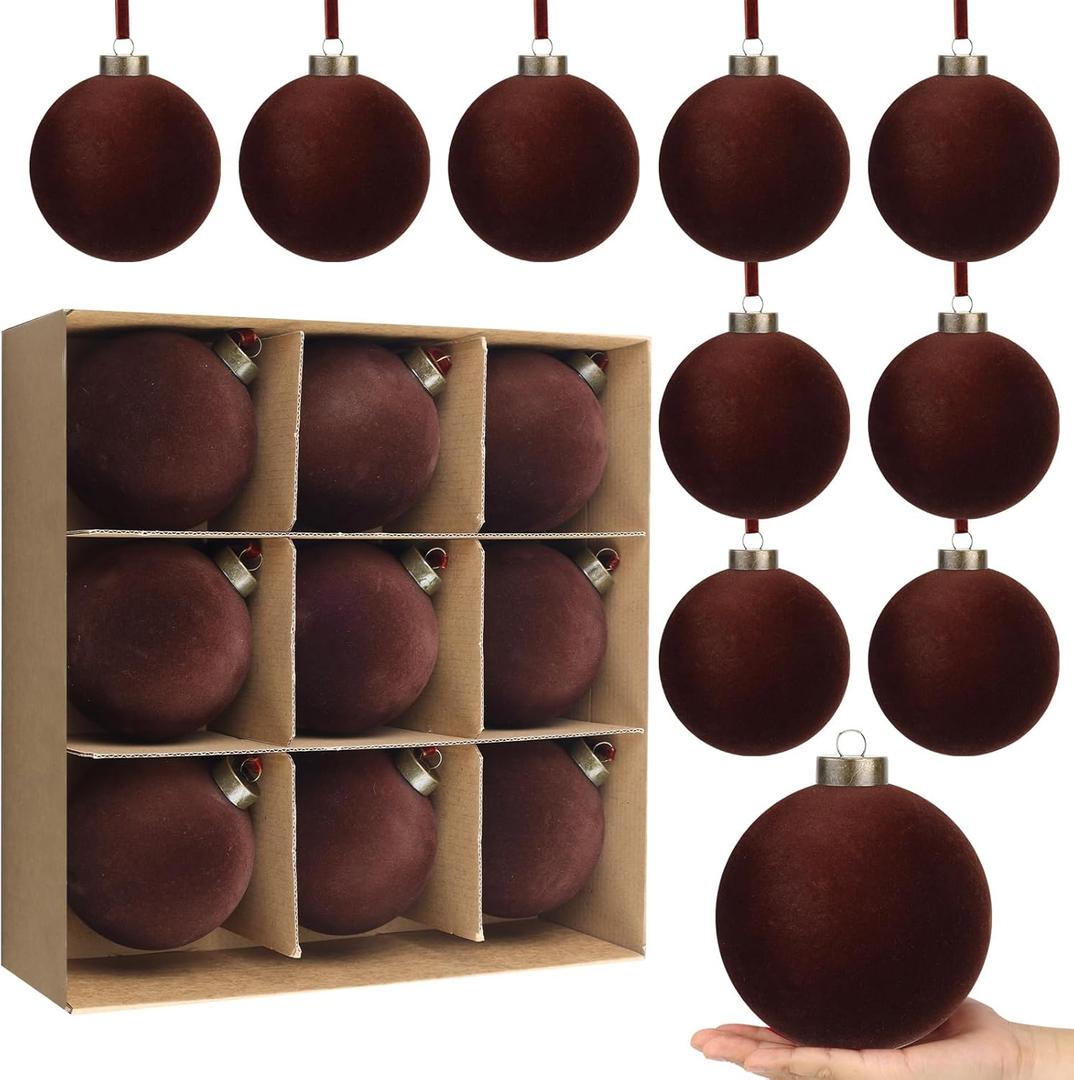 9 PCS Christmas Velvet Balls Flocked Xmas Tree Ball Ornaments Christmas Large Ball Set Xmas Tree Hanging Decoration 4 Inch, 6 Inch (Coffee, 4inch)